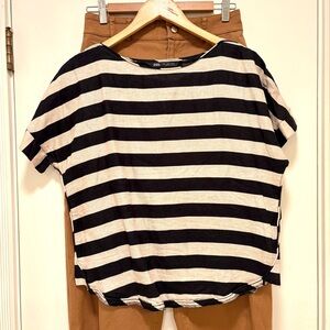 Zara Striped Black and Light Beige Linen Short Sleeve Top